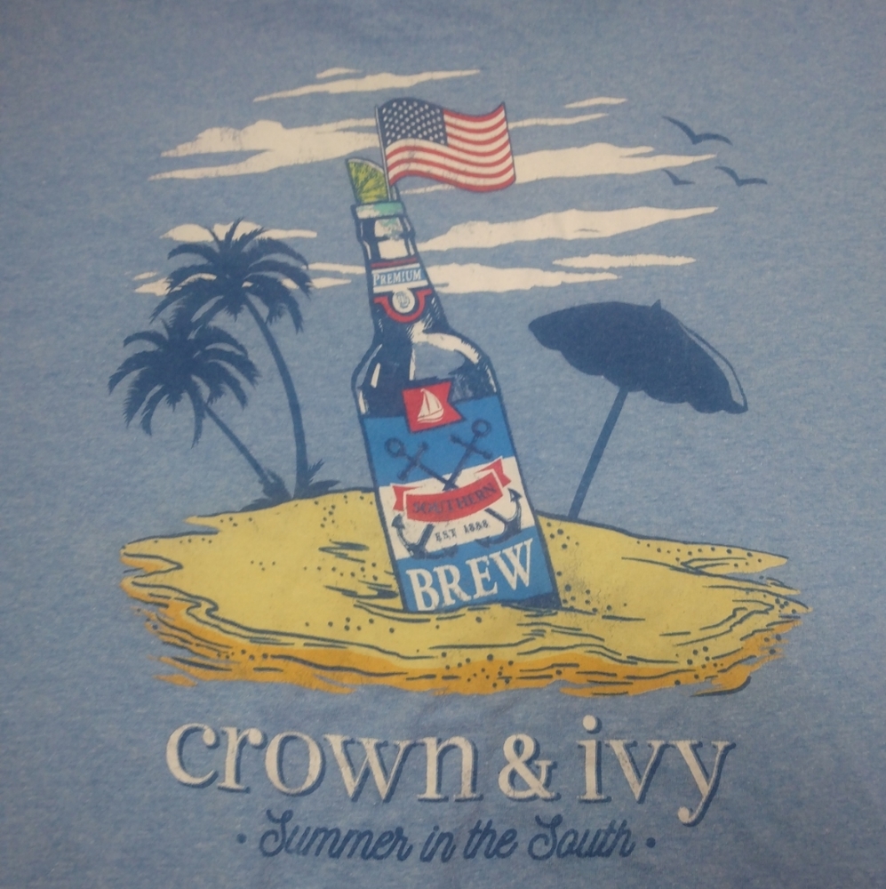 Crown & Ivy Men T Shirt M Blue Summer In The South Logo Short Sleeve Beach Life